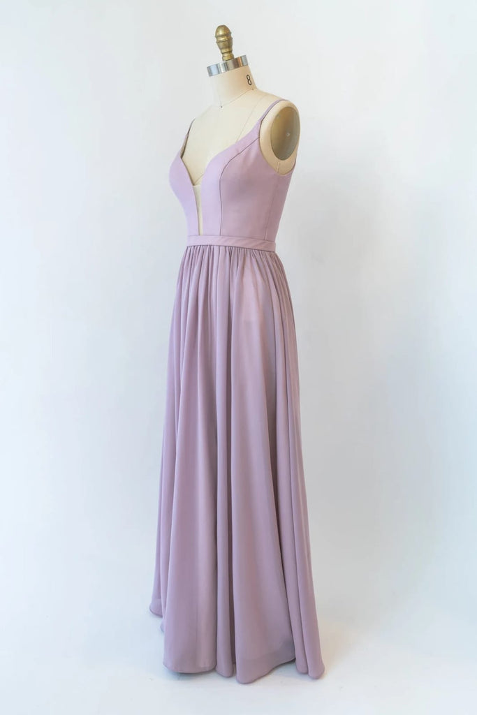A-line Plunge Strap U Back Long Lavender Chiffon Bridesmaid