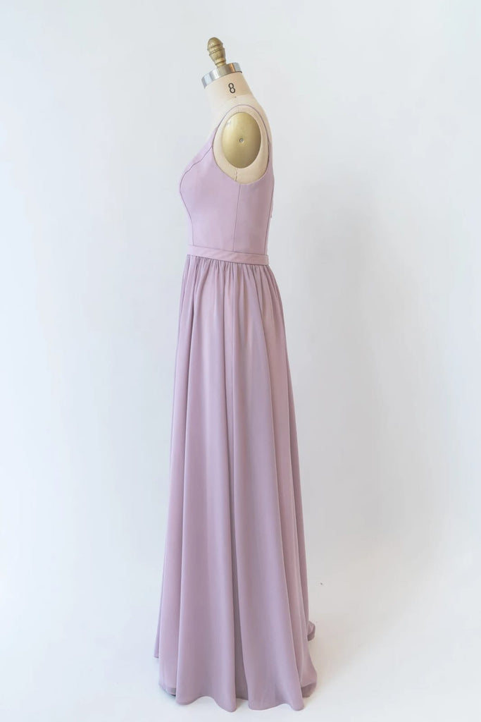 A-line Plunge Strap U Back Long Lavender Chiffon Bridesmaid