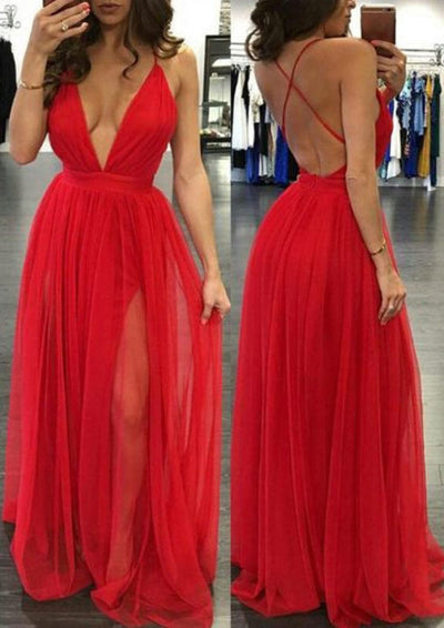 A-line Plunging Crisscross Sweep Train Tulle Long
