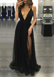 A-line Plunging Crisscross Sweep Train Tulle Long