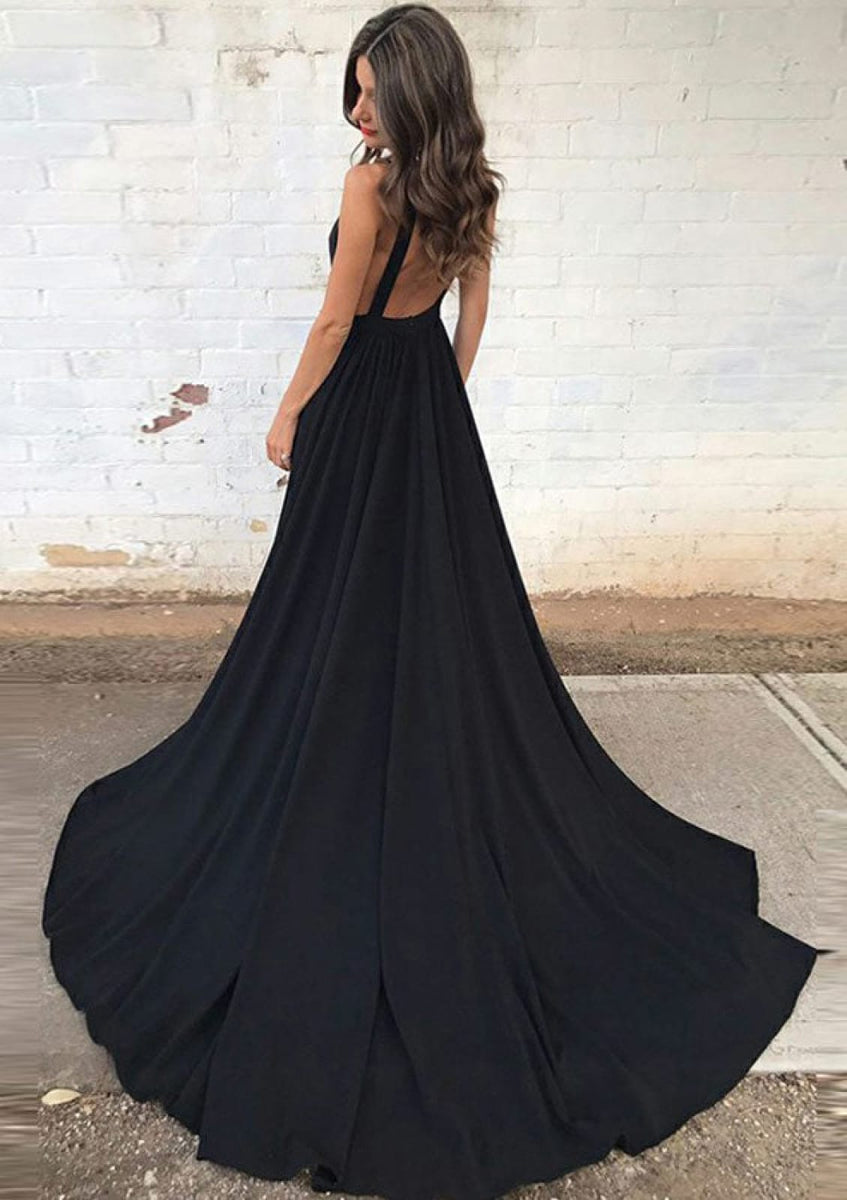 A-line Plunging Sleeveless V Back Court Train Blue Tulle Prom Dress, Beading Sequins