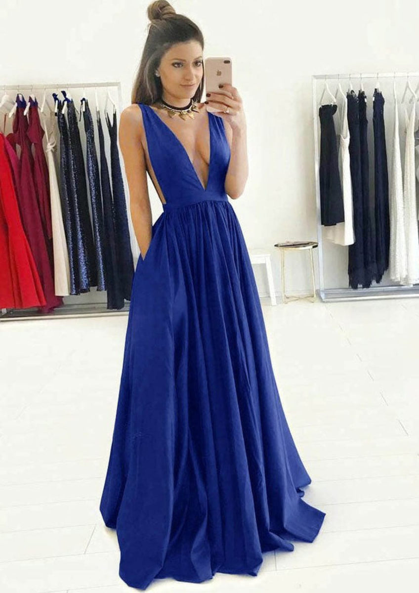 Dusty Blue Plunging Charmeuse Floor Length Slit A-line Dress