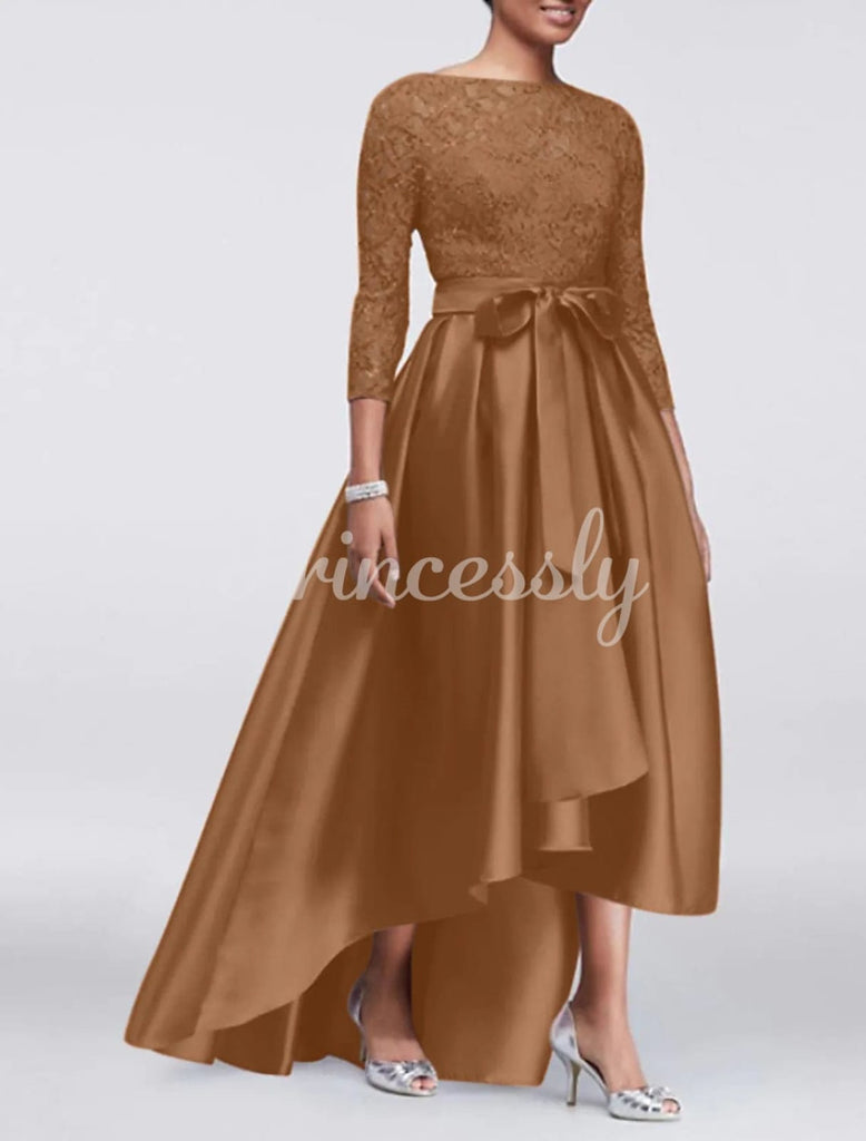 A-line Plus Size Lace Appliques Satin 3/4 Sleeve Hi Low