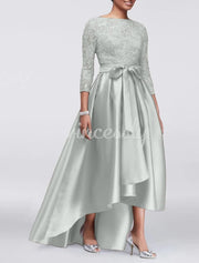 A-line Plus Size Lace Appliques Satin 3/4 Sleeve Hi Low