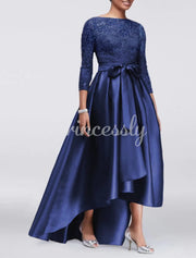 A-line Plus Size Lace Appliques Satin 3/4 Sleeve Hi Low
