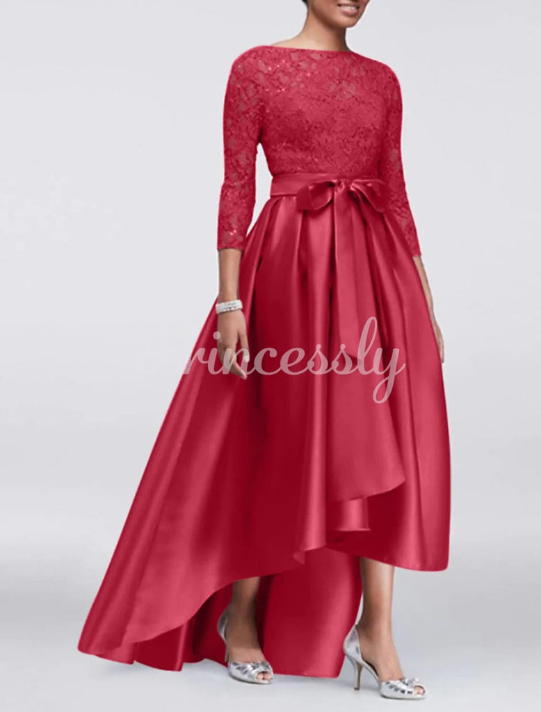 A-line Plus Size Lace Appliques Satin 3/4 Sleeve Hi Low