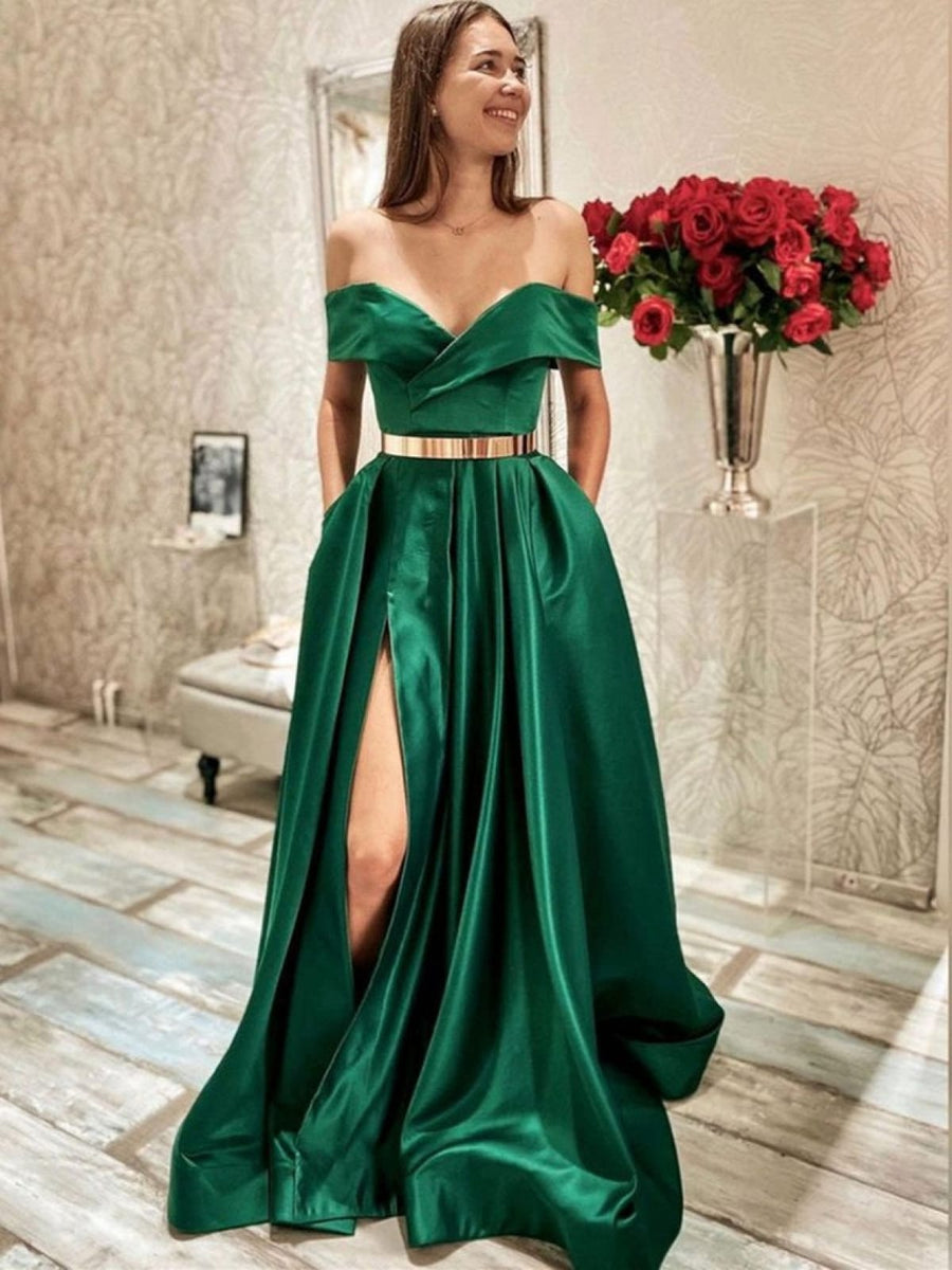 A-Line Prom Dress Green Satin Off Shoulder Surplice Pleats Slit, Gold Belt A-Line Prom Dress Green Satin Off Shoulder Surplice Pleats Slit, Gold Belt