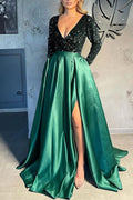 A-Line Prom Dress V Neck Long Sleeve Sweep Sequin Green Satin Slit Pleats