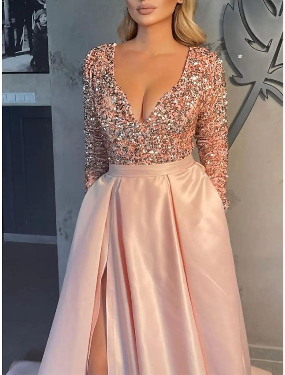 knee length dresses for ladies Elegant Glitter Long Off-The-Shoulder Mermaid Prom Dress with Sleeves