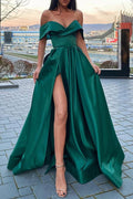 A-Line Prom Dress Off Shoulder Split Surplice Floor Length Green Satin