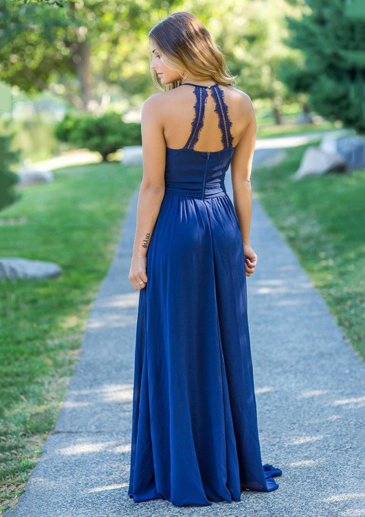 A-line Round Neck Lace Straps Back Sleeveless Pleated Sweep