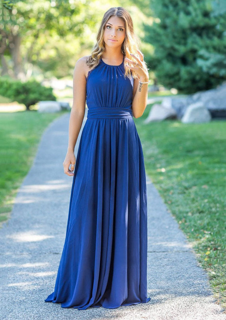 A-line Round Neck Lace Straps Back Sleeveless Pleated Sweep