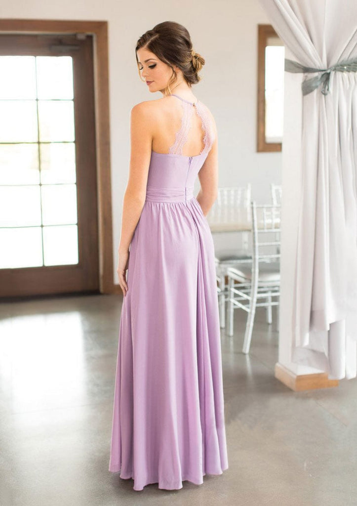 A-line Round Neck Lace Straps Back Sleeveless Pleated Sweep