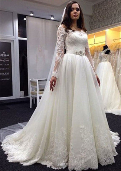 A-Line Scalloped Bateau Lace Tulle Long Sleeve Wedding Dress