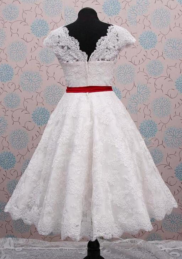 A-line Scalloped Tea-Length Ivory Lace Wedding Dress Red