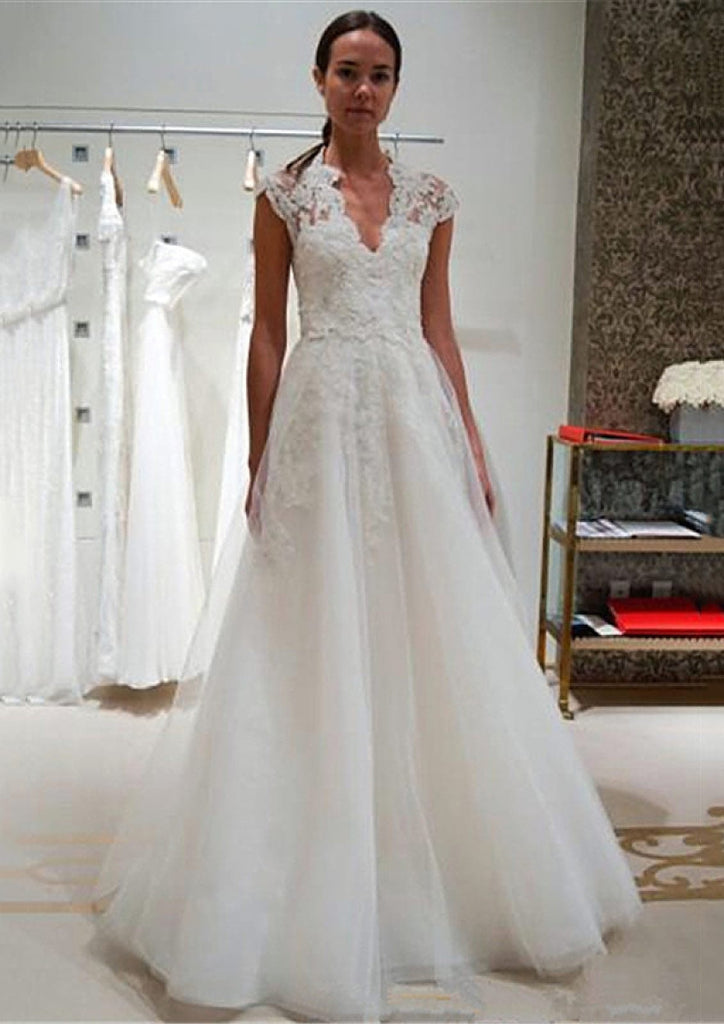 A-Line Scalloped Neck Ivory Lace Tulle Sweep Wedding Dress