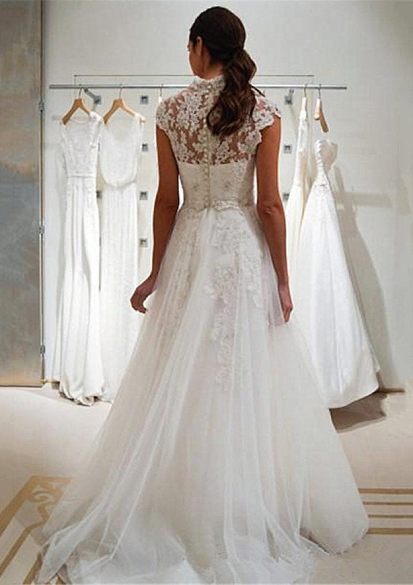 A-Line Scalloped Neck Ivory Lace Tulle Sweep Wedding Dress, Buttons - Princessly A-Line Scalloped Neck Ivory Lace Tulle Sweep Wedding Dress, Buttons - Princessly