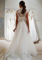 A-Line Scalloped Neck Ivory Lace Tulle Sweep Wedding Dress