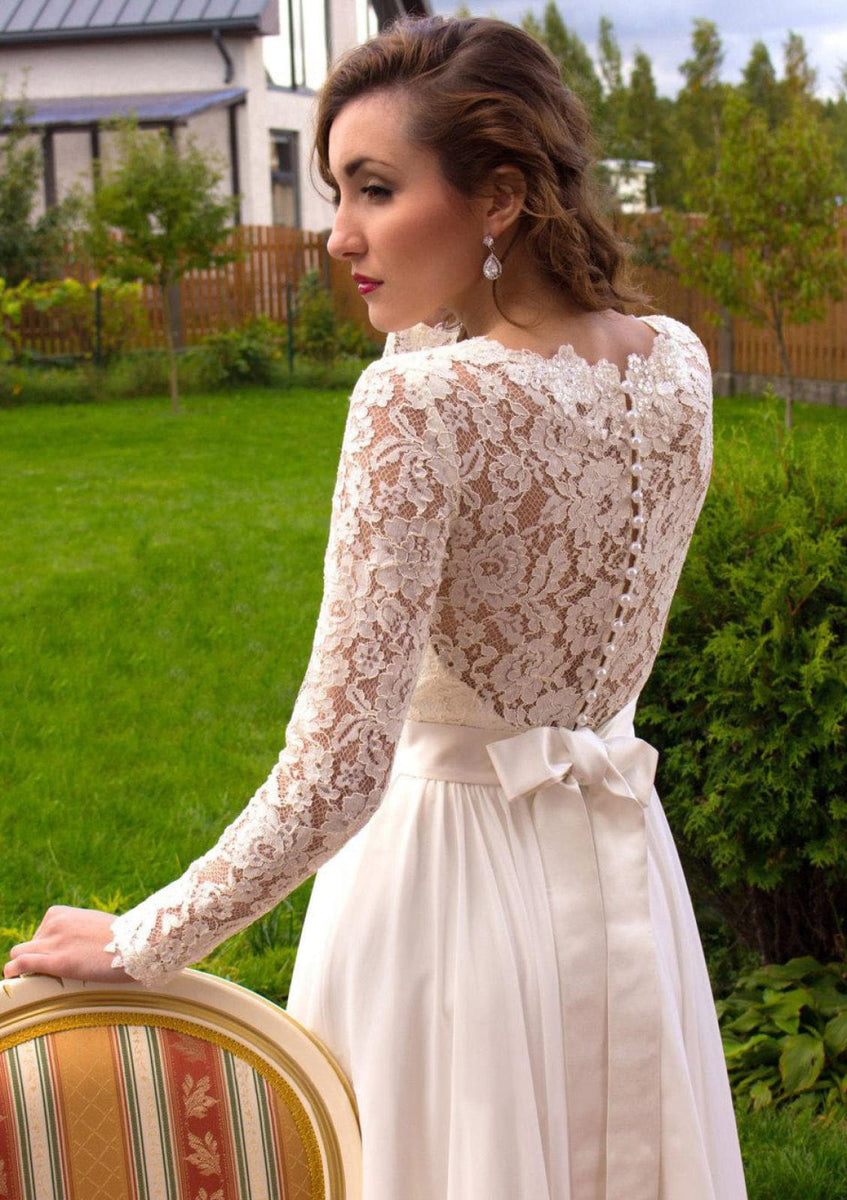 A line Scalloped Neck Long Sleeve Lace Chiffon Wedding Dress Sash Princessly