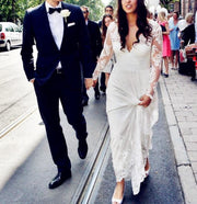 A-line Scalloped V-neck Sheer Long Sleeves Empire Waist