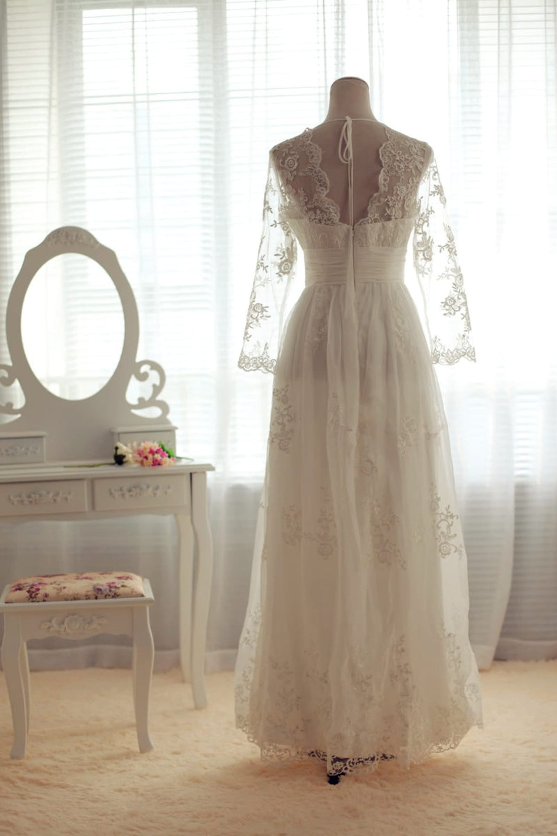 A-line Scalloped V-neck Sheer Long Sleeves Empire Waist Pleated Sweep Lace Wedding Dress 22W A-line Scalloped V-neck Sheer Long Sleeves Empire Waist Pleated Sweep Lace Wedding Dress 22W