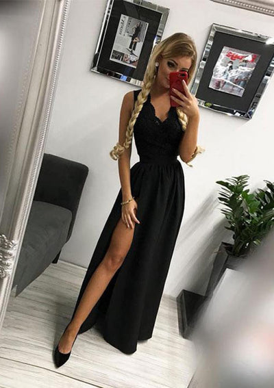 A-line Scalloped Neck Sleeveless Long Elastic Satin Prom