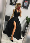 A-line Scalloped Neck Sleeveless Long Elastic Satin Prom Dress, Lace Split