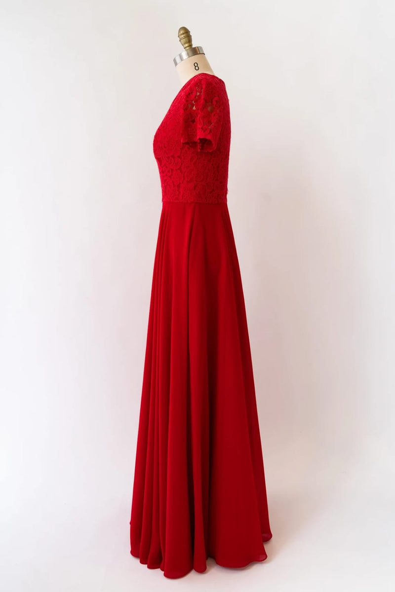 a line scoop neck floor length chiffon lace bridesmaid dress A-line Short Sleeve Long Ideal for outdoor weddings