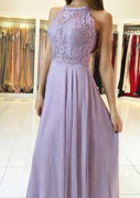 A-line Scoop Neck Sleeveless Lavender Lace Chiffon Evening Dress