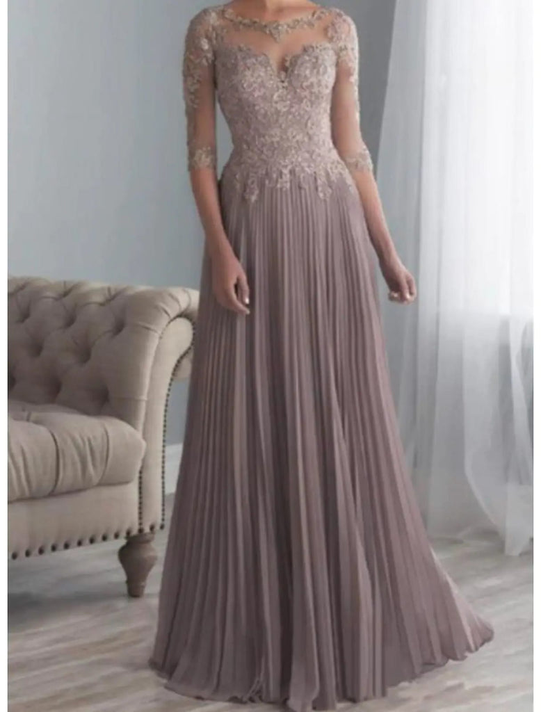 Plus Size A-line Sheer Bateau Half Sleeve Long Pleats