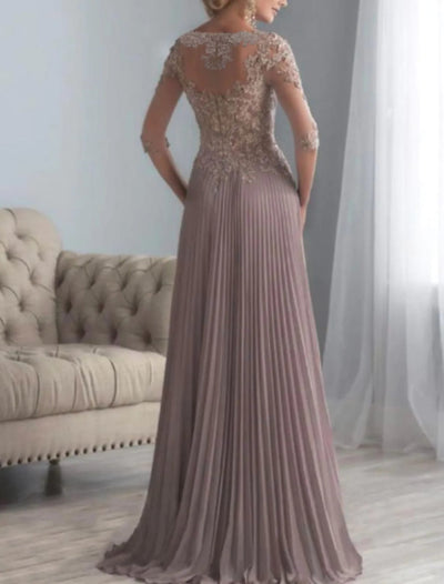 Plus Size A-line Sheer Bateau Half Sleeve Long Pleats