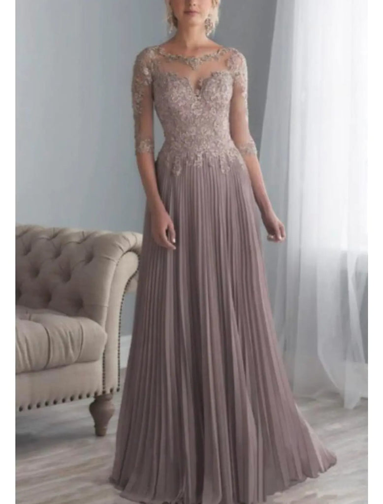 Plus Size A-line Sheer Bateau Half Sleeve Long Pleats