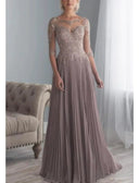 A-line شير باتو دانتيل نصف كم طويل طيات شيفون فستان أم العروس