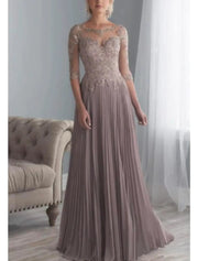 Plus Size A-line Sheer Bateau Half Sleeve Long Pleats