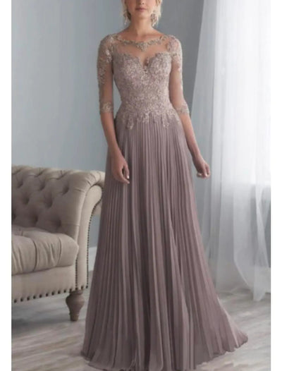 Plus Size A-line Sheer Bateau Half Sleeve Long Pleats