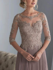 Plus Size A-line Sheer Bateau Half Sleeve Long Pleats