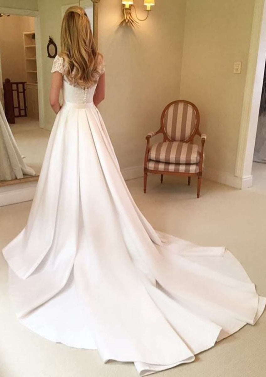 A-line Short Sleeve Overskirt Lace Satin Wedding Dress, Pleats A-line Short Sleeve Overskirt Lace Satin Wedding Dress, Pleats