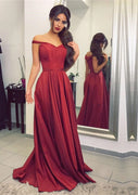 A-line Off Shoulder Boned Bodice Burgundy Charmeuse Evening Gown