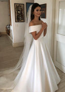 A-line Off Shoulder Court Satin Wedding Dress, Ribbon Bowknot