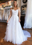 A-line Off Shoulder Court Train White Lace Tulle Wedding Dress