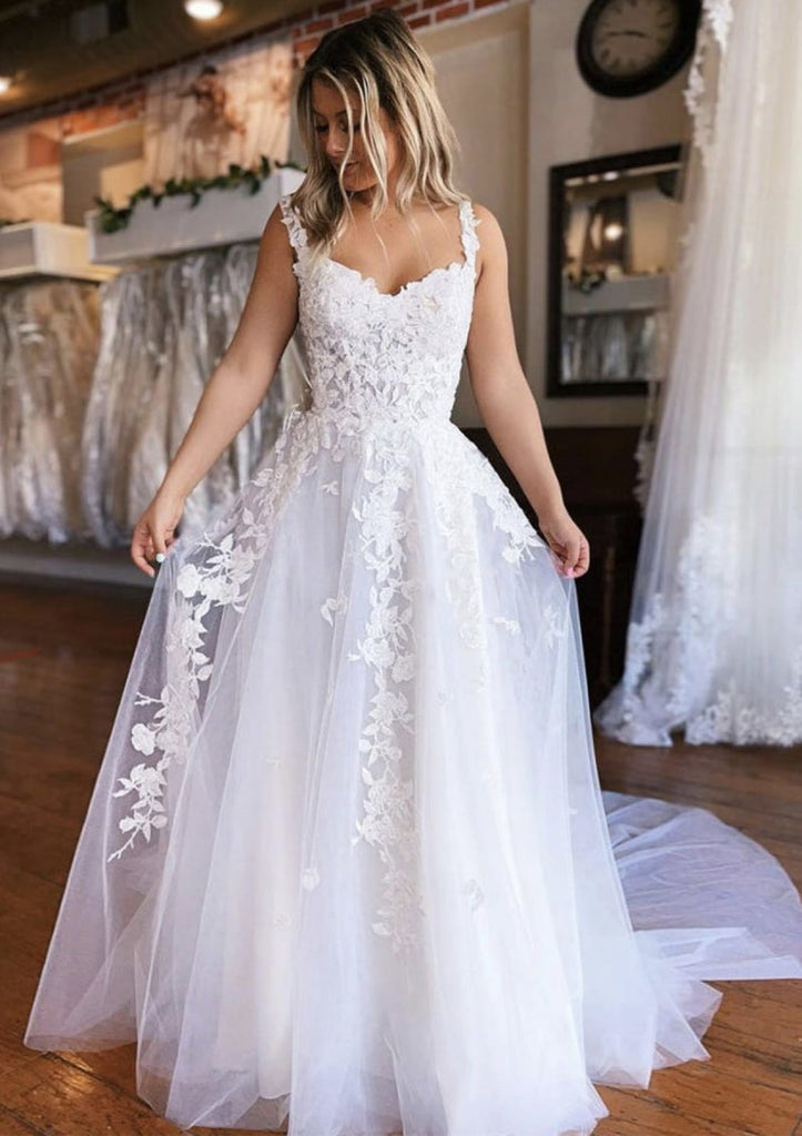 A-line Off Shoulder Sleeveless White Lace Tulle Wedding