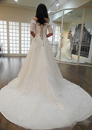 A-line Off Shoulder Half Sleeve Court Tulle Wedding Dress