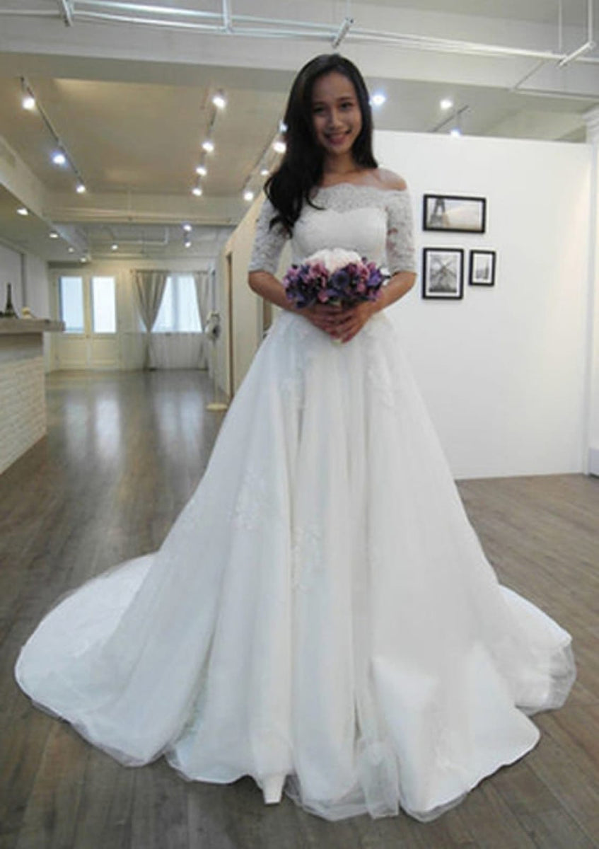 Off Shoulder Half Sleeve Lace Tulle Chapel A-line Wedding Dress, Buttons