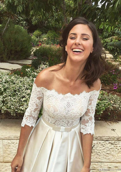 A-line Off Shoulder Half Sleeve Hi Low Lace Satin Wedding