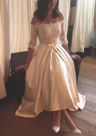A-line Off Shoulder Half Sleeve Hi Low Lace Satin Wedding