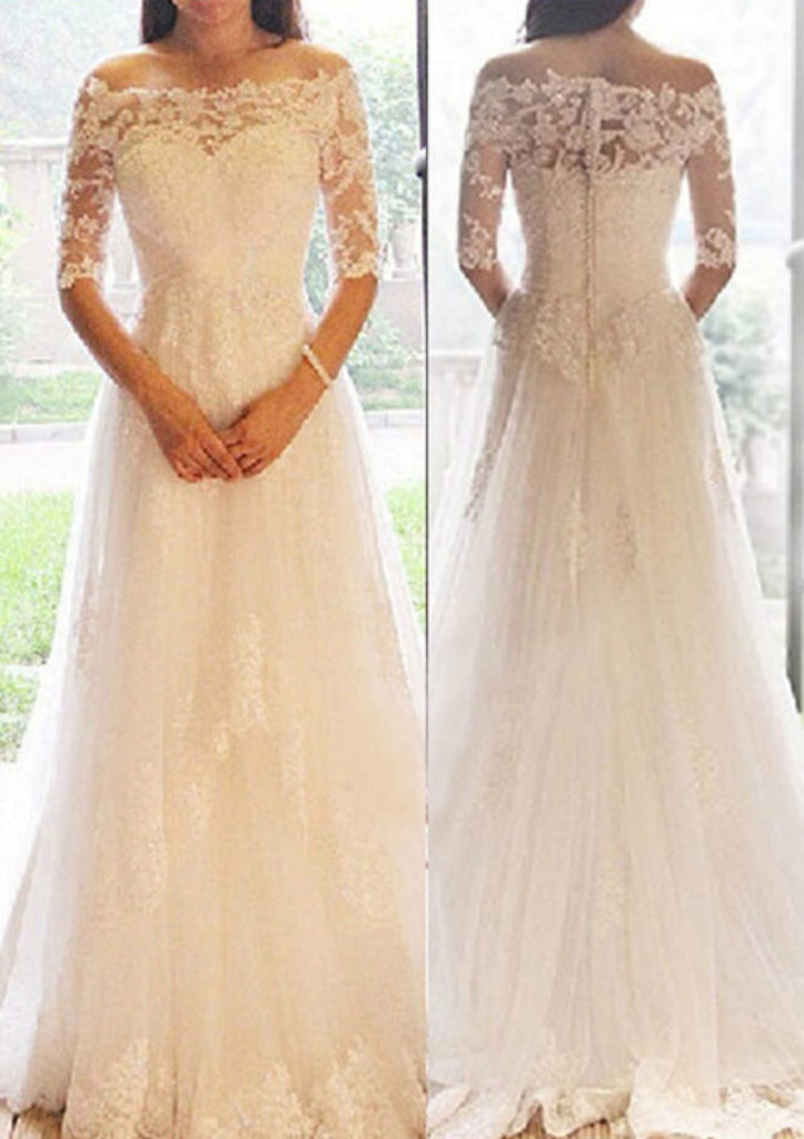 A-line Off Shoulder Half Sleeve Lace Tulle Bridal Wedding