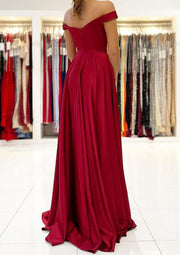 A-line Off Shoulder Long Burgundy Satin Formal Evening Gown