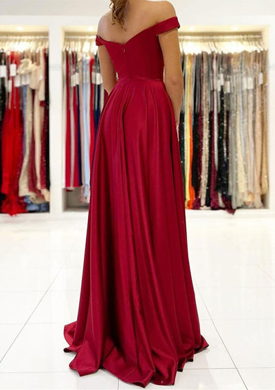 A-line Off Shoulder Long Burgundy Satin Formal Evening Gown 