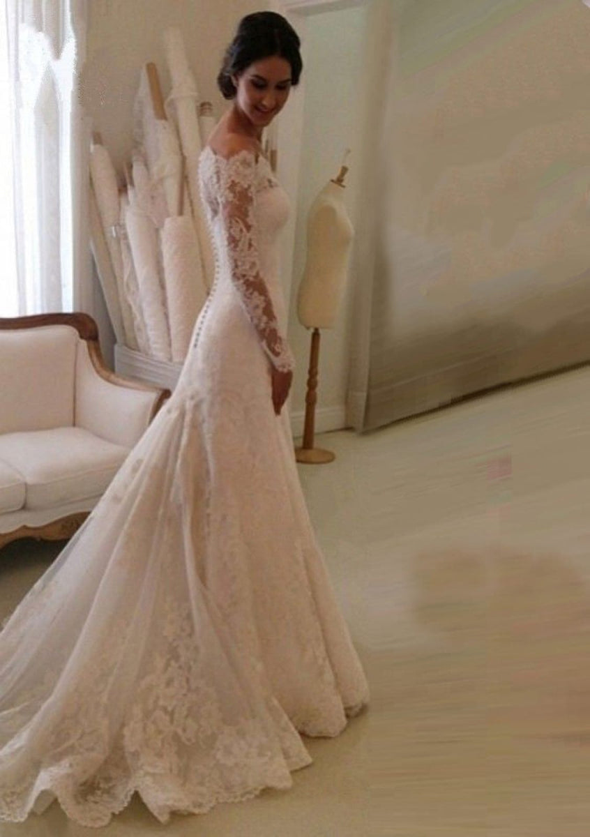 fishtail long sleeve lace wedding dress Wolffa Lace Long-Sleeve Mermaid Wedding Dress