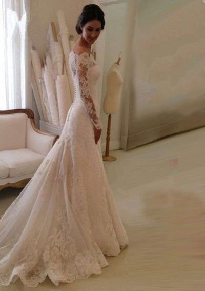 A-line Off Shoulder Scalloped Fishtail Full Sleeve Lace